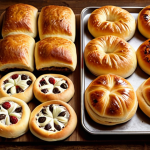 **Image Prompt:** A variety of homemade baked goods made from frozen dough displayed on a wooden table. Include sausage rolls, mini pizzas with various toppings, and sweet buns filled with chocolate. The scene is warm and inviting, suggesting a cozy family kitchen. Focus on the golden-brown color and appealing textures of the baked goods.